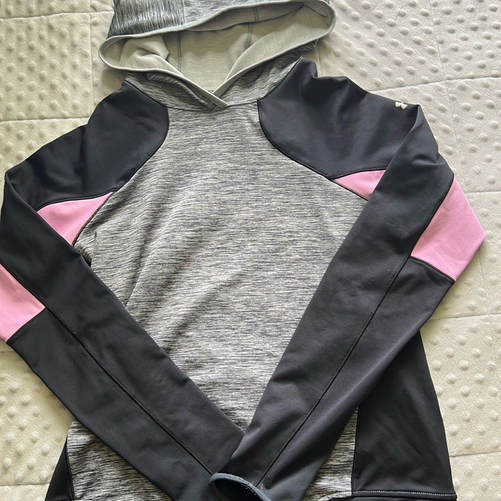 Grey, black, pink Under Armour sweatshirt. Has no pockets